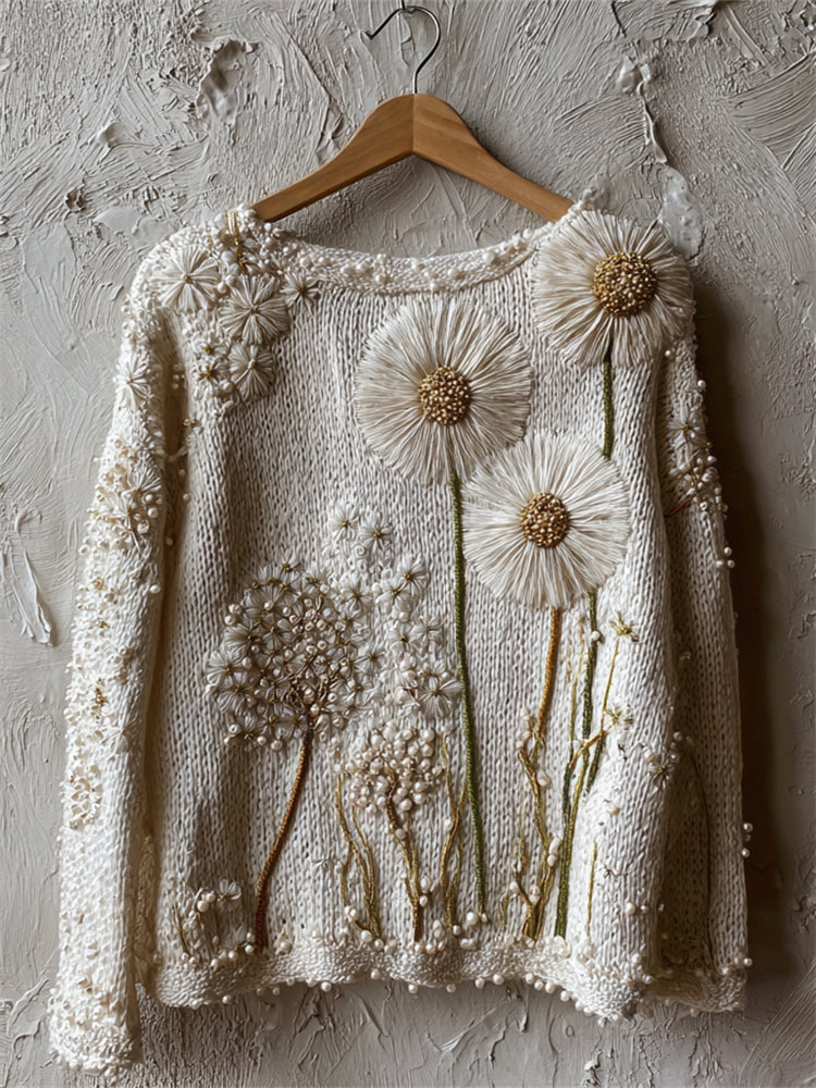 Vintage Forest Dandelion Beaded Embroidered Cozy Knit Sweater elevenforest