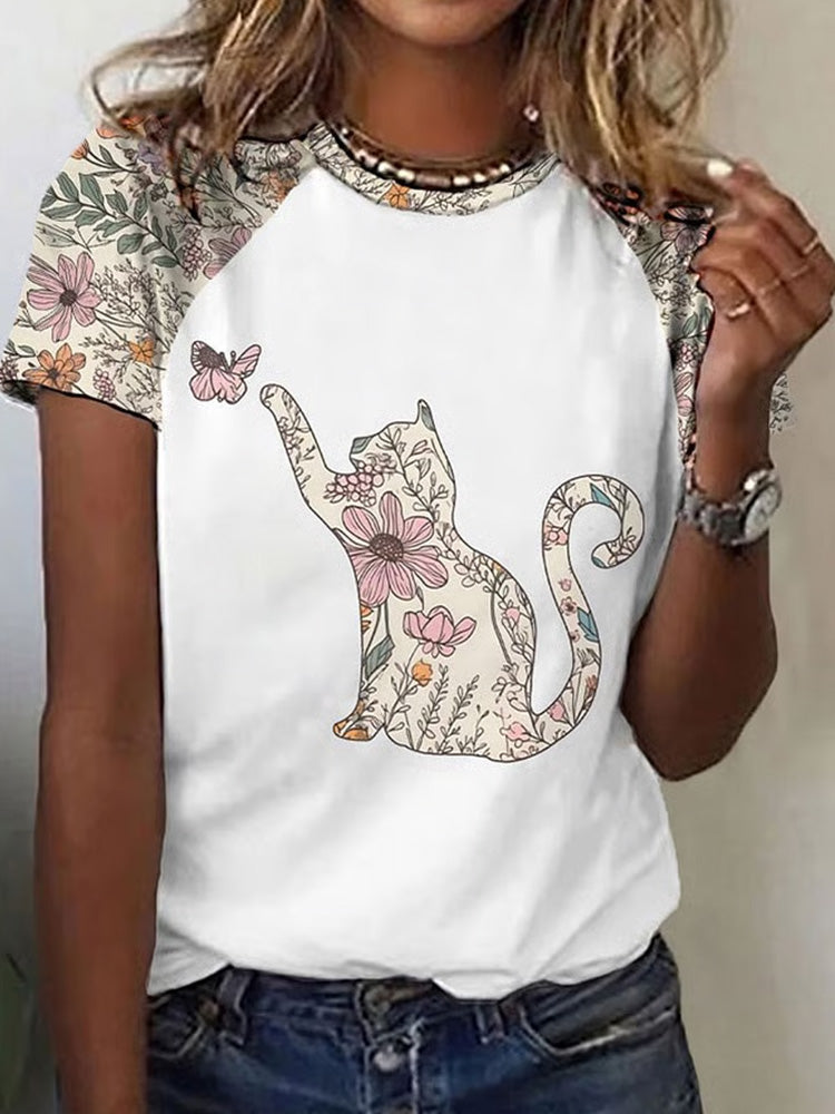 Comstylish Women's Wildflower Kitten Print Casual T-shirt