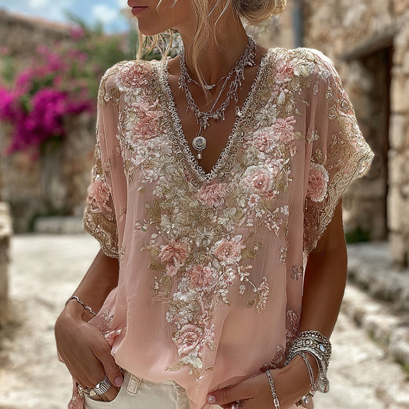 Women's Floral Embroidered Art V-neck Short Sleeve Linen Blend T-shirt elevenforest