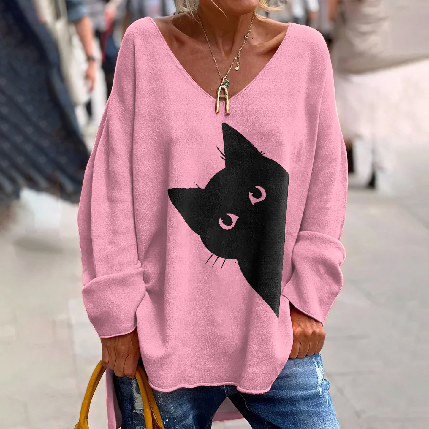Women's Classic Peek-A-Boo Hiding Black Cat Painting Print Long Sleeve T-Shirt elevenforest