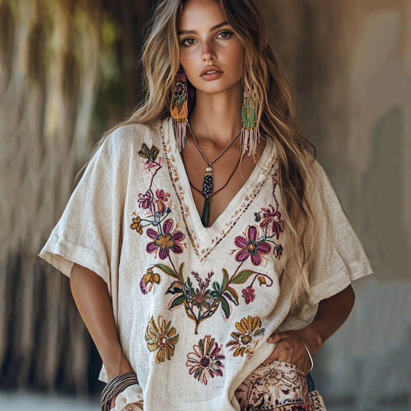 Women's Floral Embroidery Short Sleeve Casual Linen Top artswardrobe