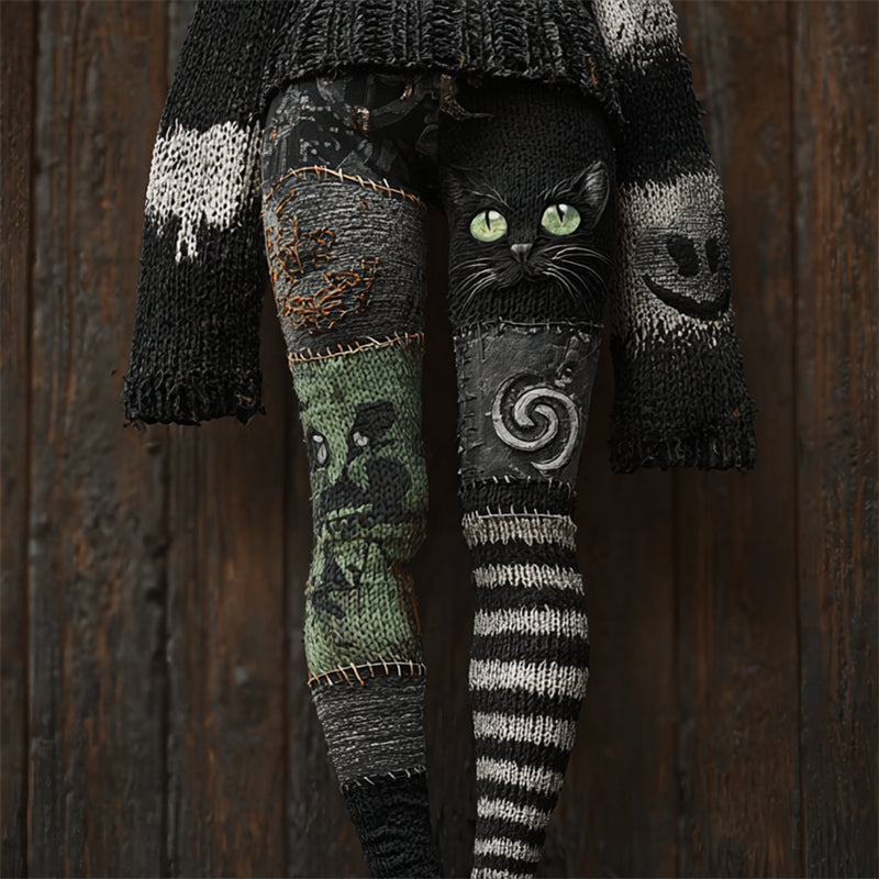 Comstylish Halloween Black Cat Witch Patchwork Cozy Knit Leggings