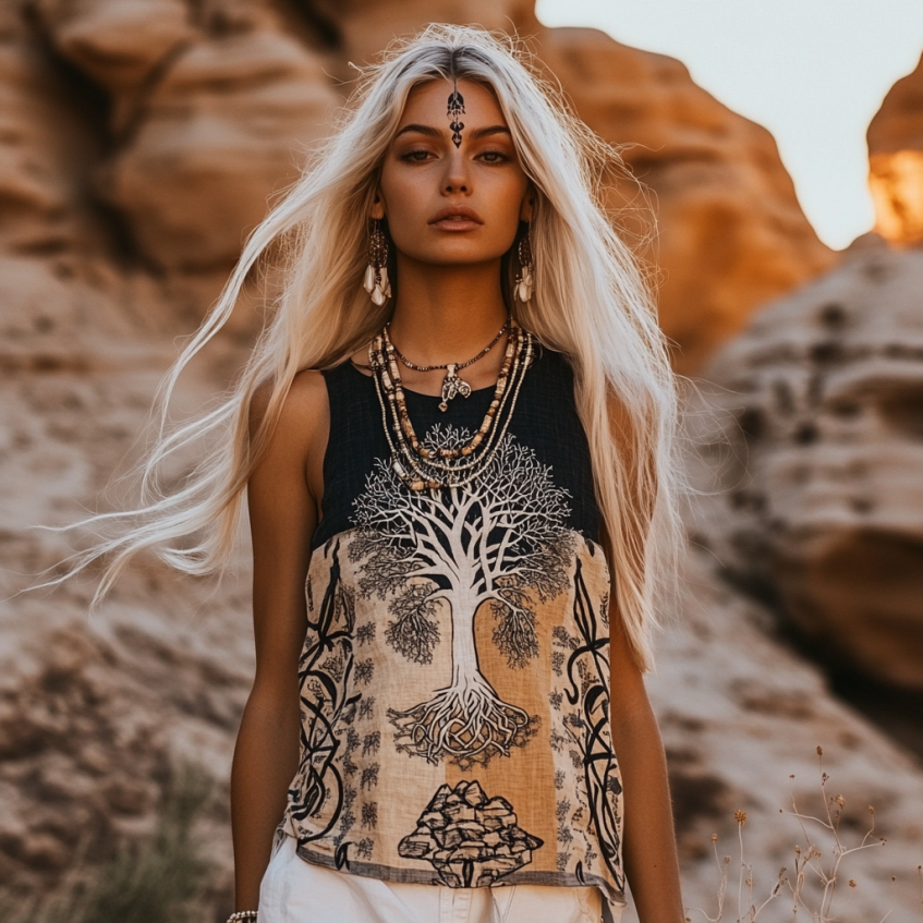 Women's Viking Tree Of Life Tribal With Celtic Knot Pattern Art Linen Sleeveless Top artswardrobe