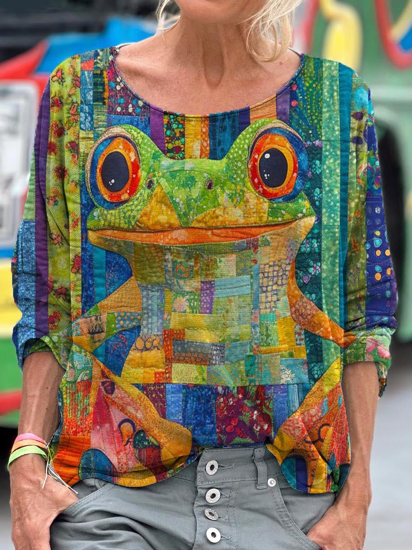 Women's Trippy Colorful Frog Art Print Casual Long Sleeve T-shirt