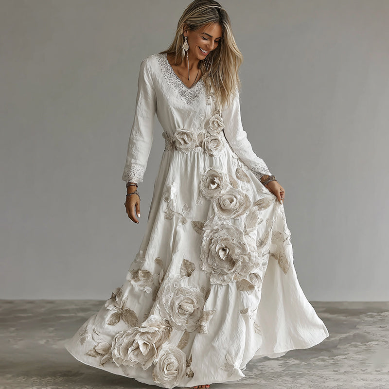 Women's Rose Embroidered Art V-neck Long Sleeve Midi Dress elevenforest
