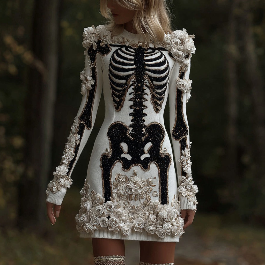 Classy Skull And Roses Art Cozy Knit Sweater Dress artswardrobe