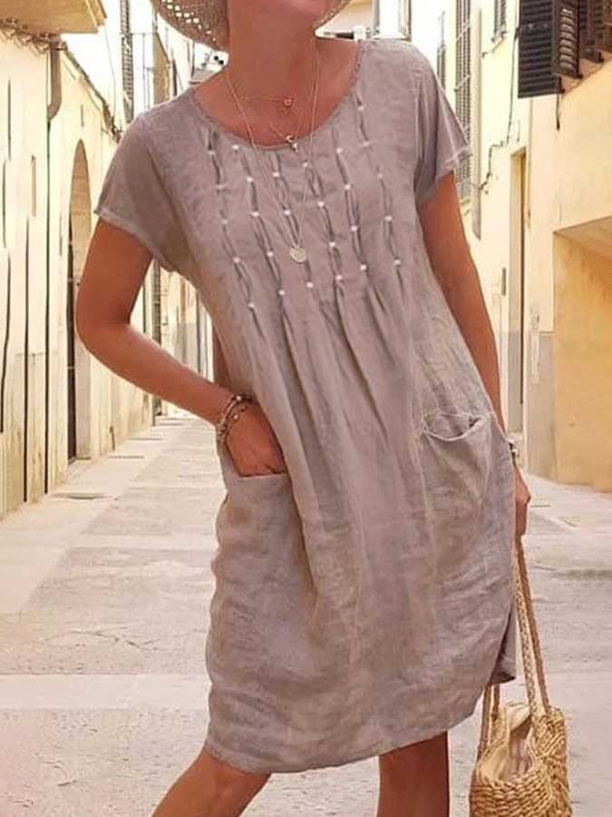 Casual Round Neck Linen Short Sleeve Dress