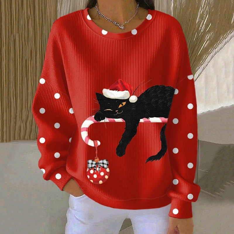 Comstylish Women's Christmas Cat Print Crew Neck Casual Sweatshirt
