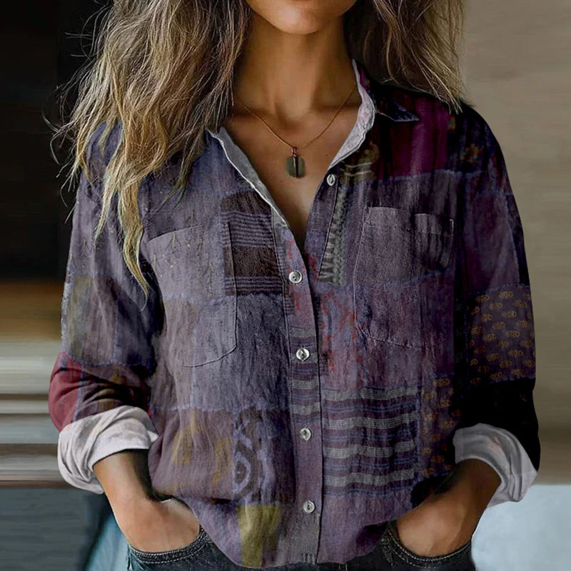 Bohemian Style Floral Patchwork Linen Print Long Sleeve Shirt artswardrobe