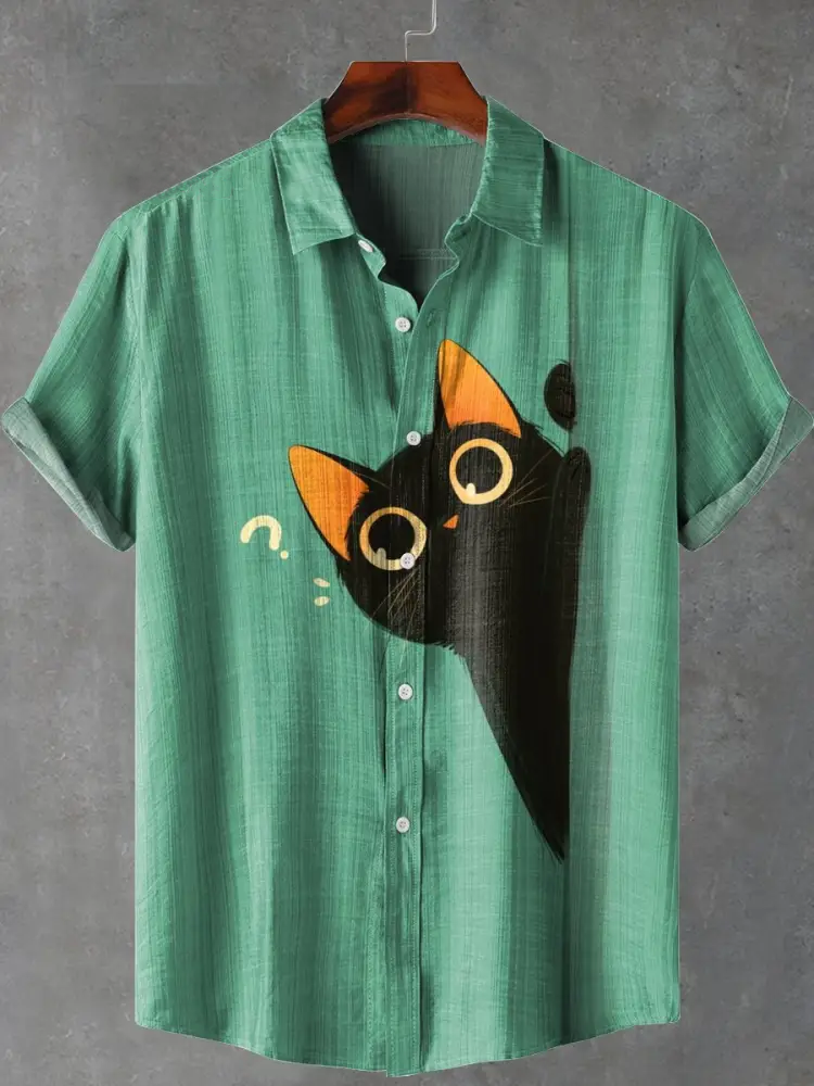 Question Mark Little Black Cat Vintage Print Casual Shirt elevenforest