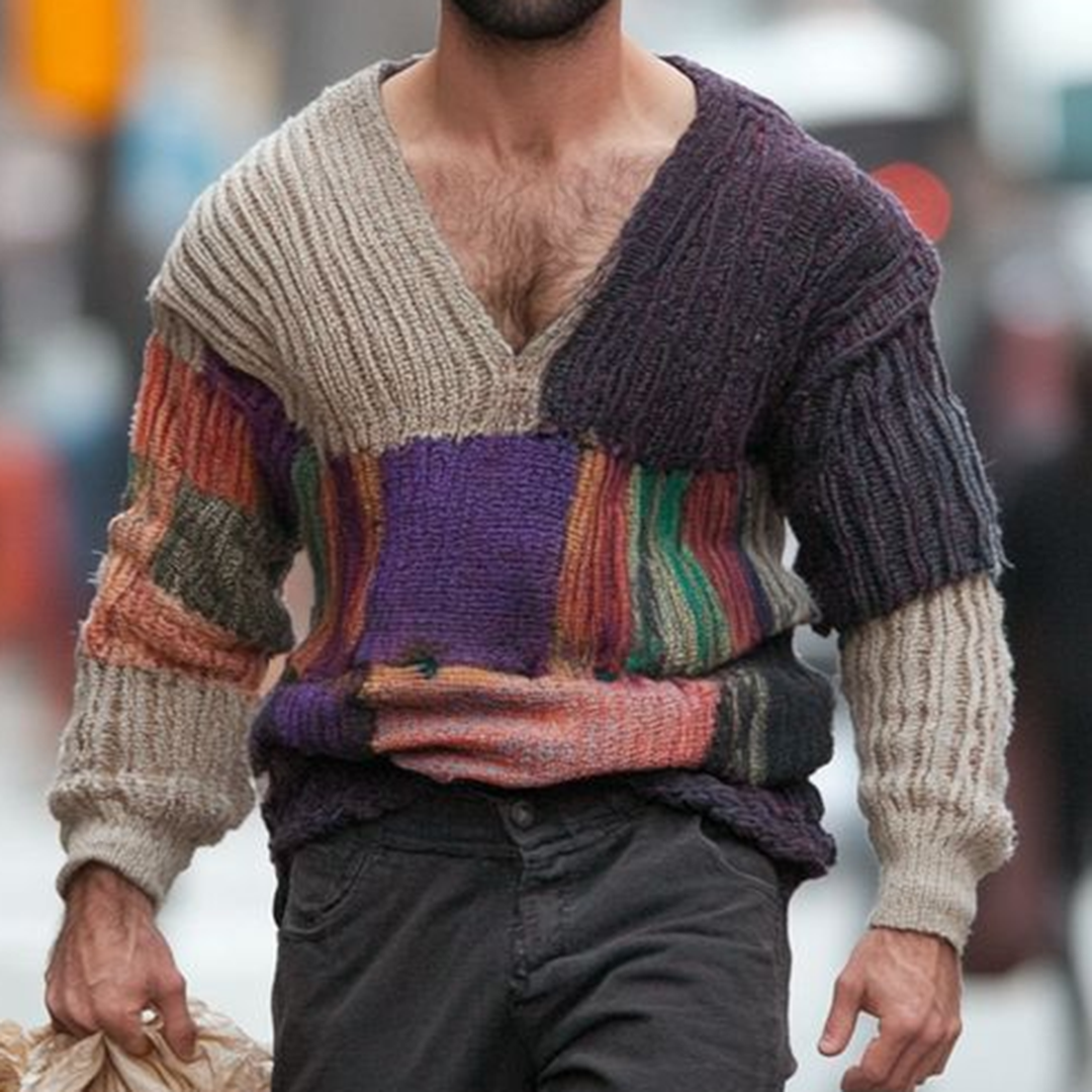 Fairman Island Jacquard Patchwork Retro Men's V-Neck Sweater artswardrobe