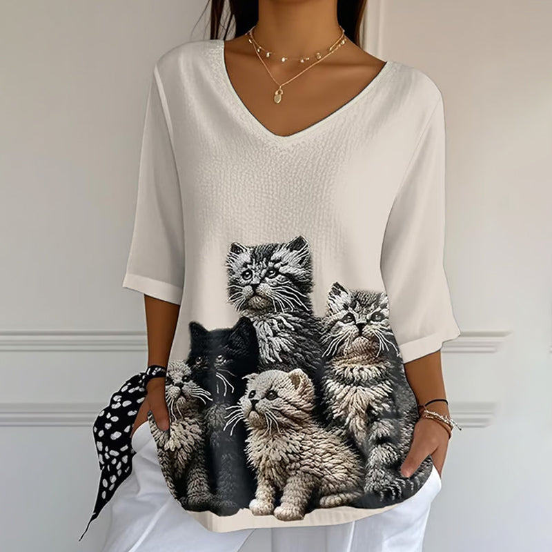 Women's Retro Funny Animal Cat Print Mid Sleeve T-shirt elevenforest