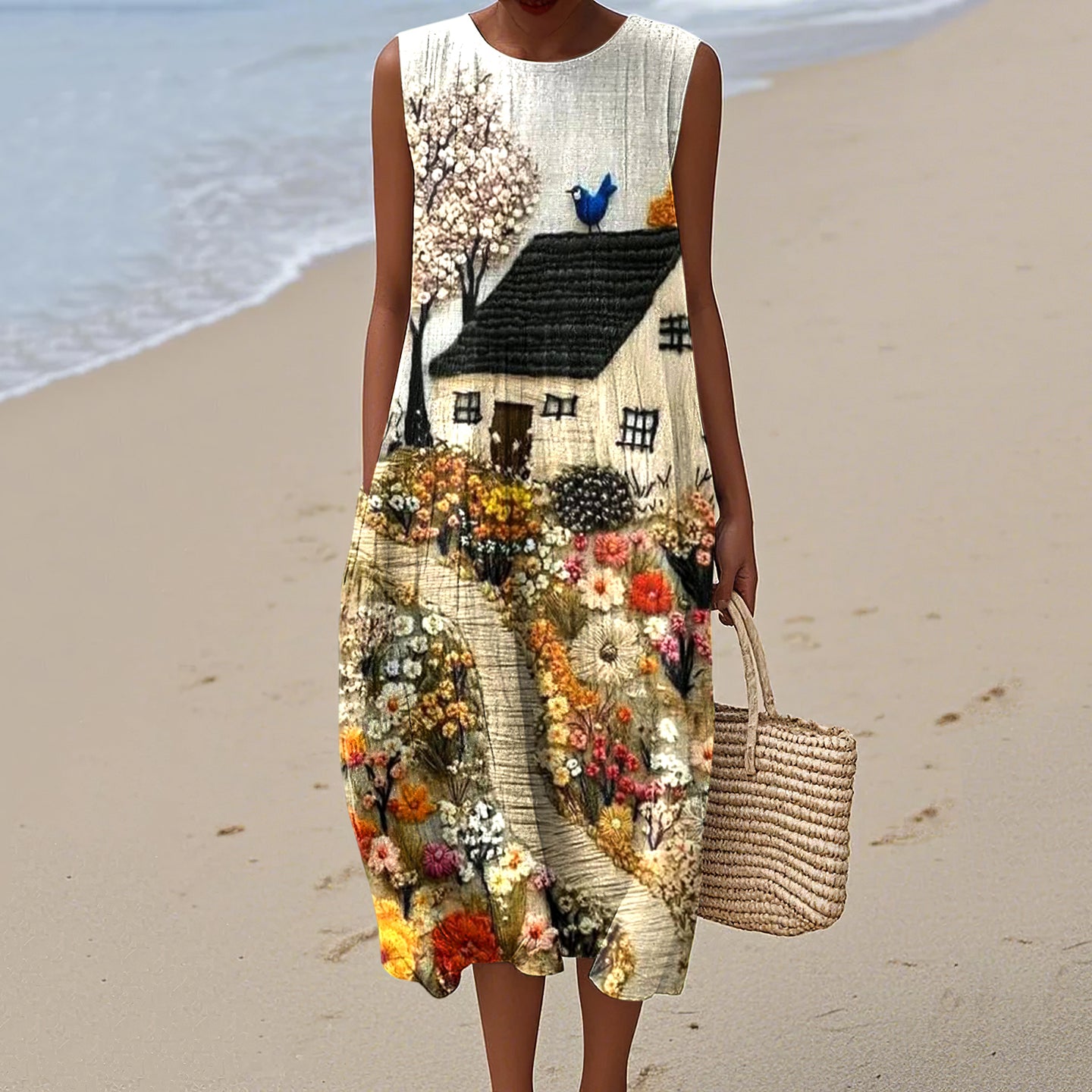 Vintage Loose Hometown Rural Farm Bird Art Sleeveless Cotton And Linen Tank Dress artswardrobe