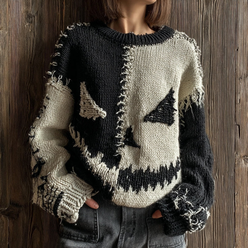 Women's Vintage Halloween Angry Pumpkin Face Patchwork Cozy Pullover Knit Sweater artswardrobe