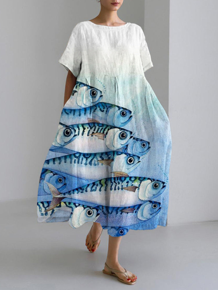 Vintage Japanese Fish Linen Blend Maxi Dress