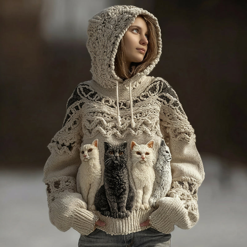 Comstylish Women's Cute Cat Embroidered Hooded Sweater