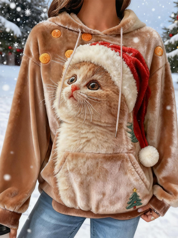 Comstylish Cute Christmas Cat Embroidered Cozy Plush Hoodie