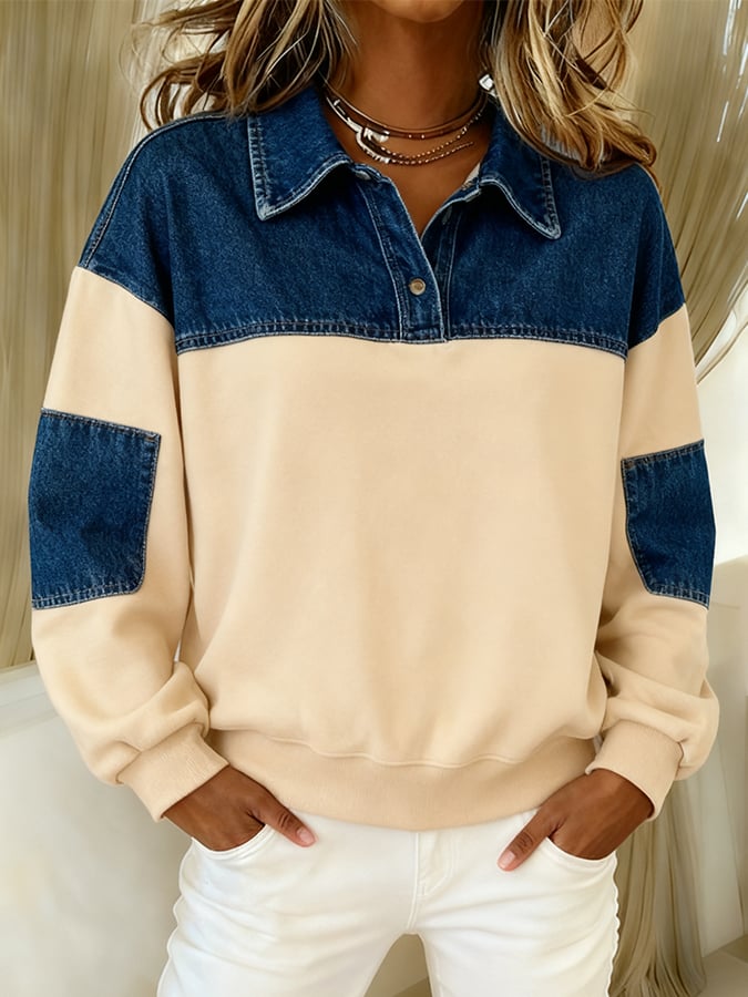 Women'S Casual Lapel Stitching Pullover Sweatshirt