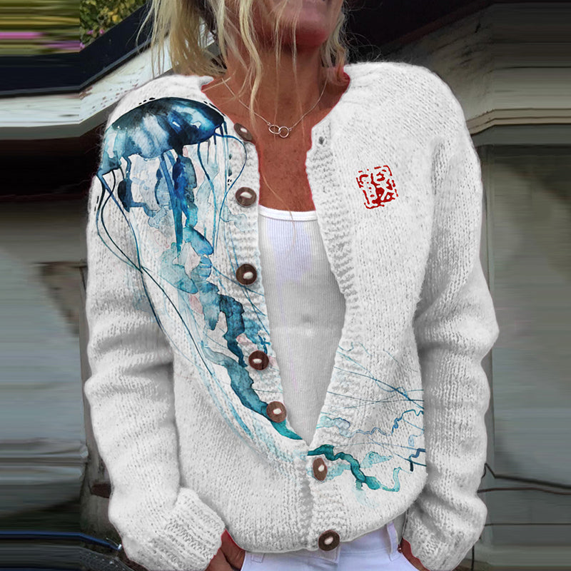 Comstylish Japanese Art Jellyfish Print Knitted Cardigan