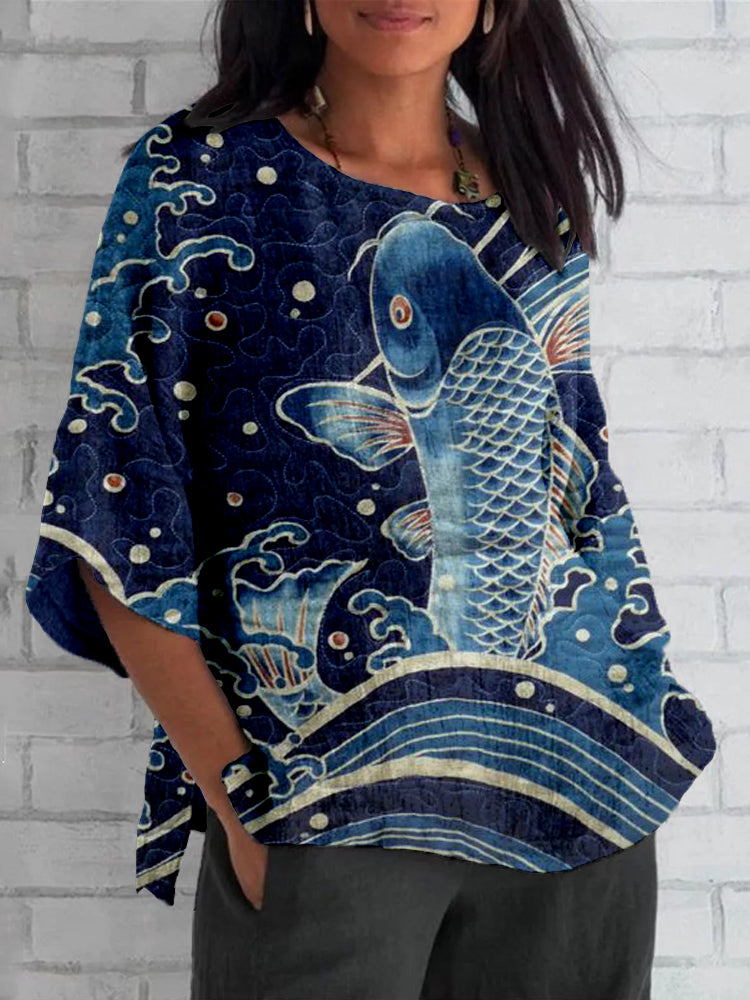 Comstylish Vintage Koi Art Pattern Linen Blend Cozy Tunic