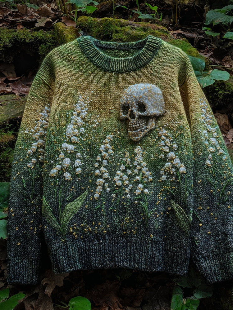 Vintage Lily Of The Valley & Skull Embroidered Comfy Knit Sweater artswardrobe