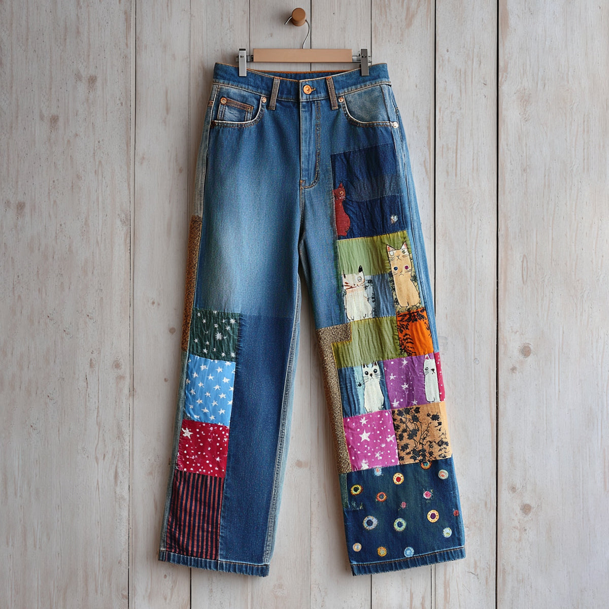 Vintage Fun Patchwork Cat Print Contrast Jeans elevenforest