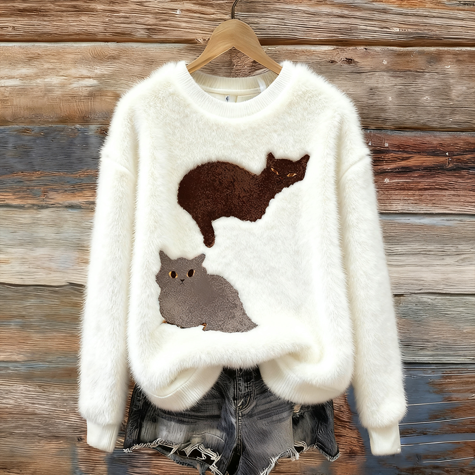 Fun Cat Pattern Women's Round Neck Flannel Sweatshirt elevenforest