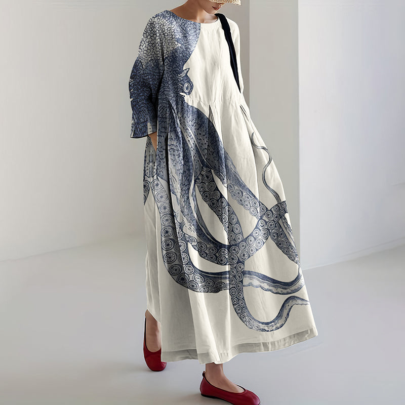 Comstylish Japanese Art Octopus Print Casual Art Linen Blend Long Sleeve Maxi Dress