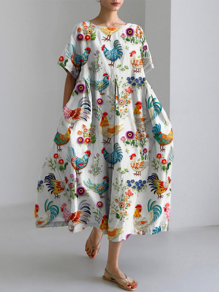 Farm Chicken And Floral Embroidery Pattern Linen Blend Dress artswardrobe