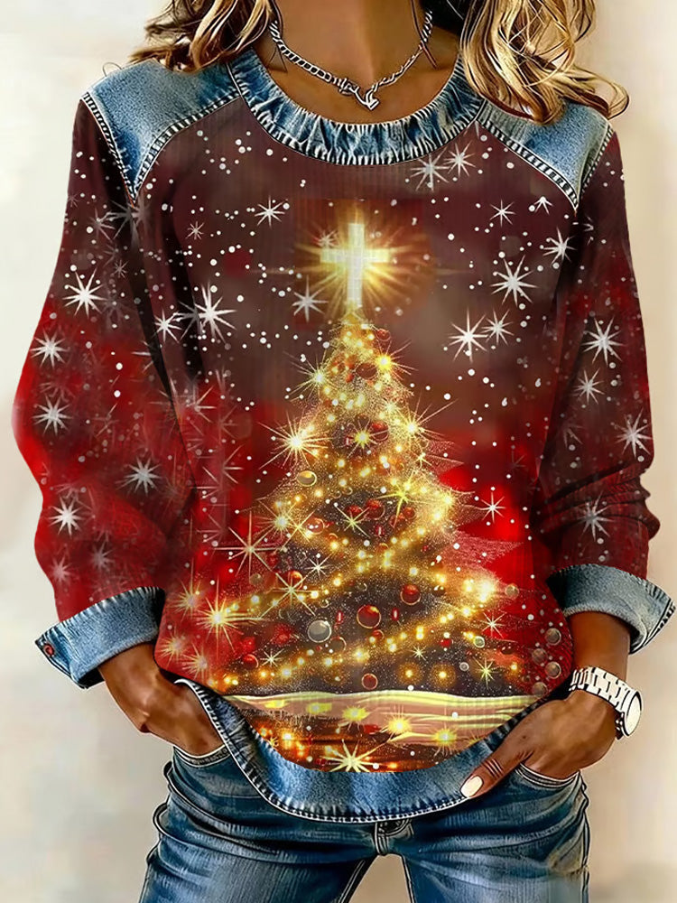 Comstylish Women's Faith Cross Christmas Tree Print Casual Sweatshirt