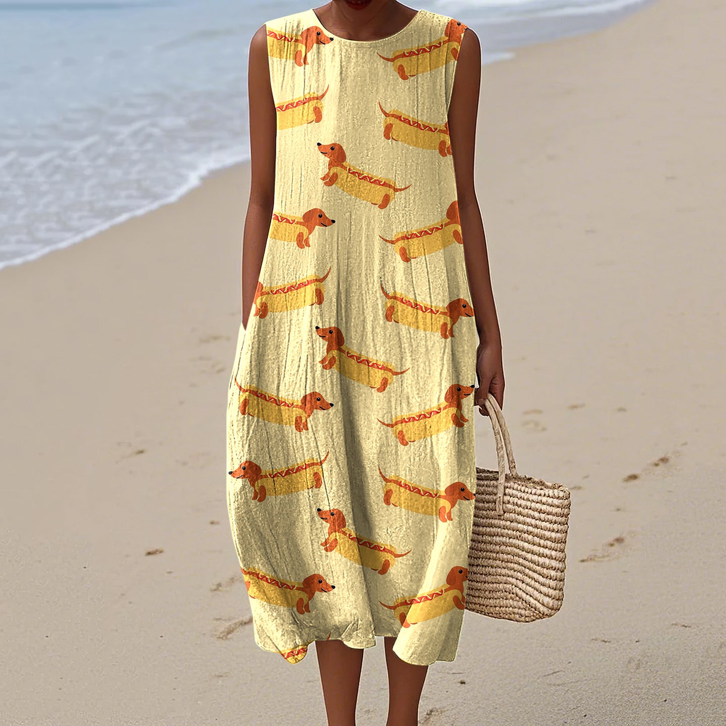 Retro Cute Dachshund Sausage Dog Art Linen Tank Midi Dress artswardrobe