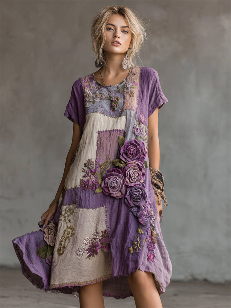 Vintage Roses Embroidered Cottage Patchwork Linen Dress artswardrobe