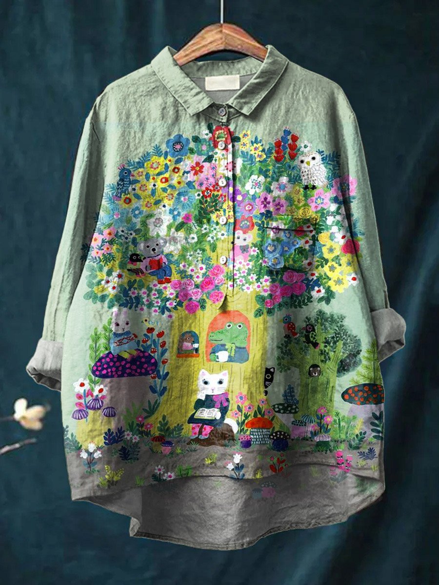 Vintage Lovely Animals Floral Art Print Casual Cotton And Linen Shirt