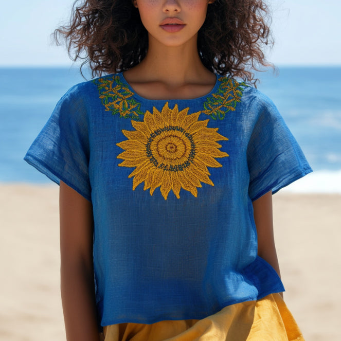 Vintage Sunflower Art Cotton Linen Comfy Shirt artswardrobe