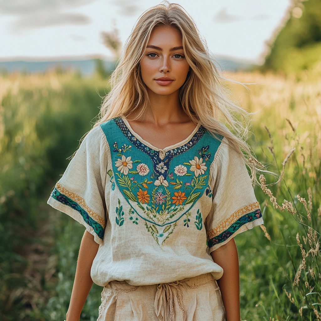 Women's Vintage Bohemian Floral Gradient Cotton And Linen T-shirt artswardrobe