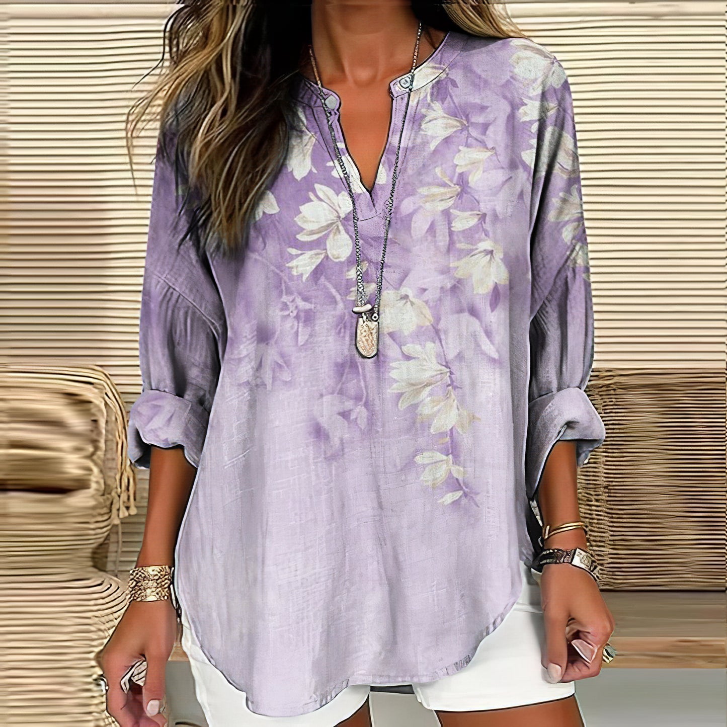 Comstylish Vintage Purple Magnolia Flower Art Painting Casual Blouse