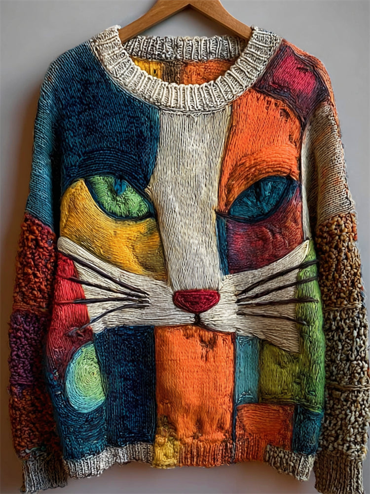 Vintage Cat Face Colorblock Art Cozy Knit Sweater elevenforest