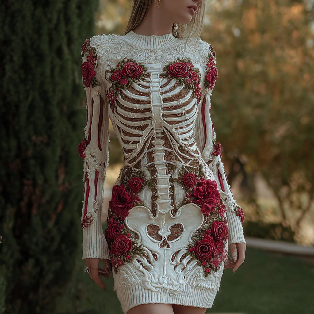 Comstylish Women's Halloween Skeleton Bones With Rose Art Cozy Knit Mini Sweater Dress