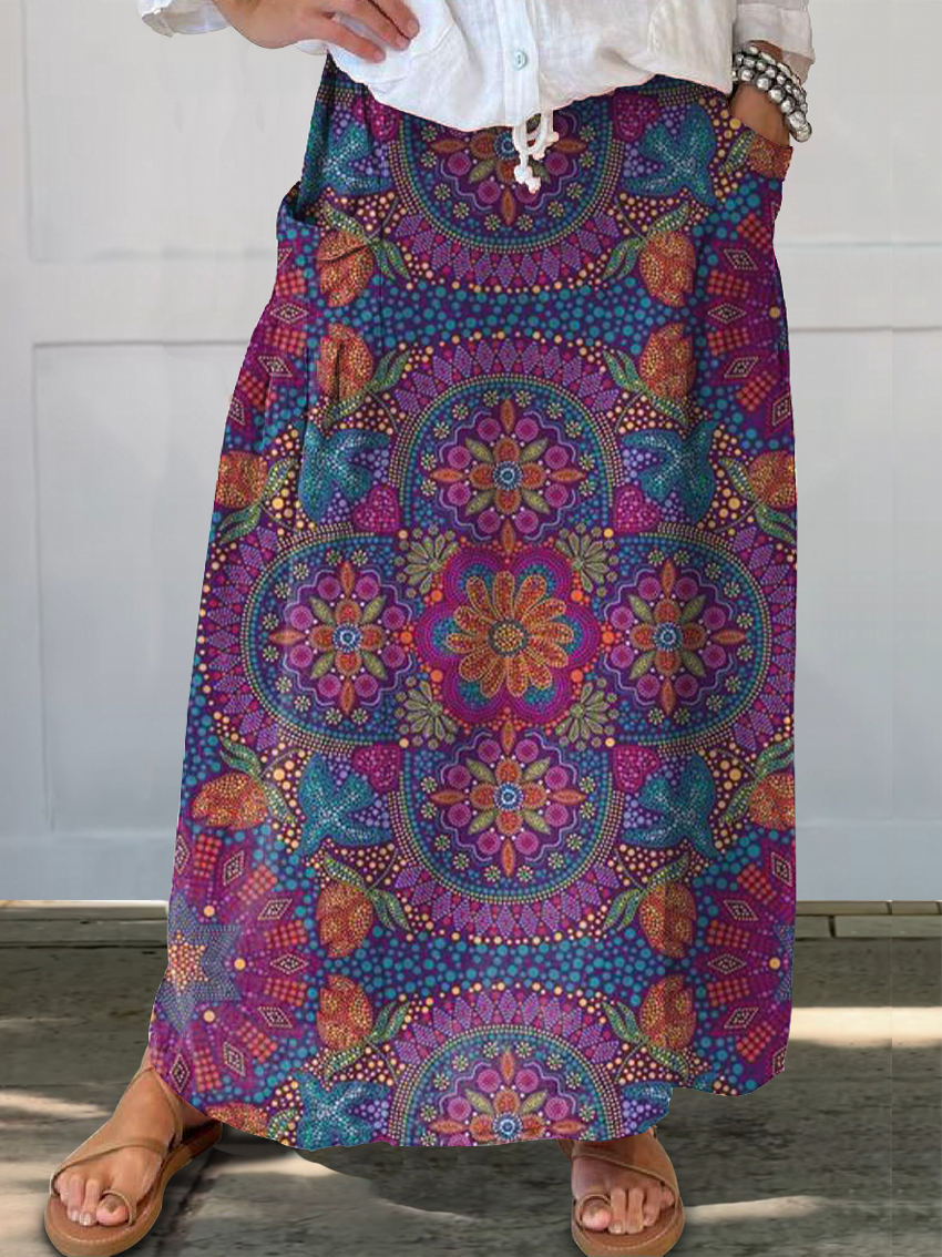 Women's Vintage Floral Art Print Linen Pocket Skirt
