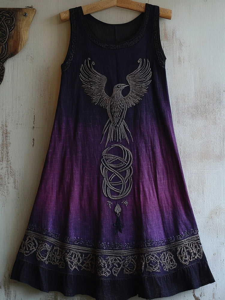 Vintage Celtic Raven Embroidered Purple Gradient Tank Dress artswardrobe