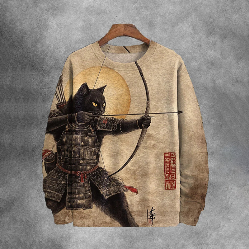 Men's Tribal Warrior Black Cat Archer Print Casual Sweatshirt elevenforest