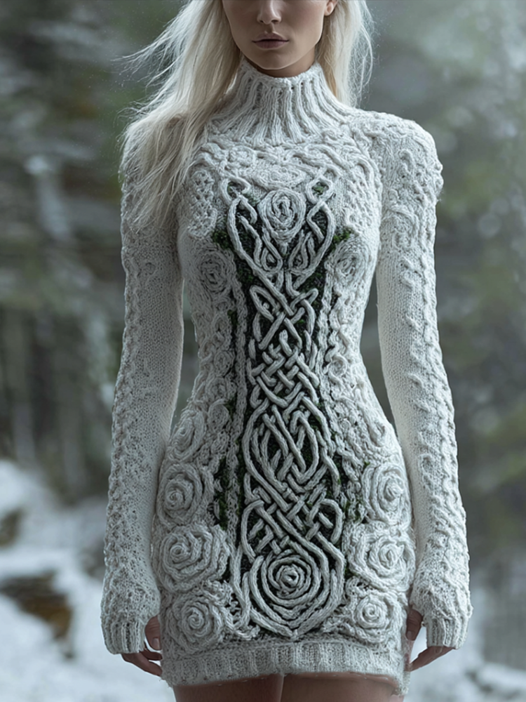 Comstylish Viking Style Winter Women's Warm High Neck Knitted Sweater Dress
