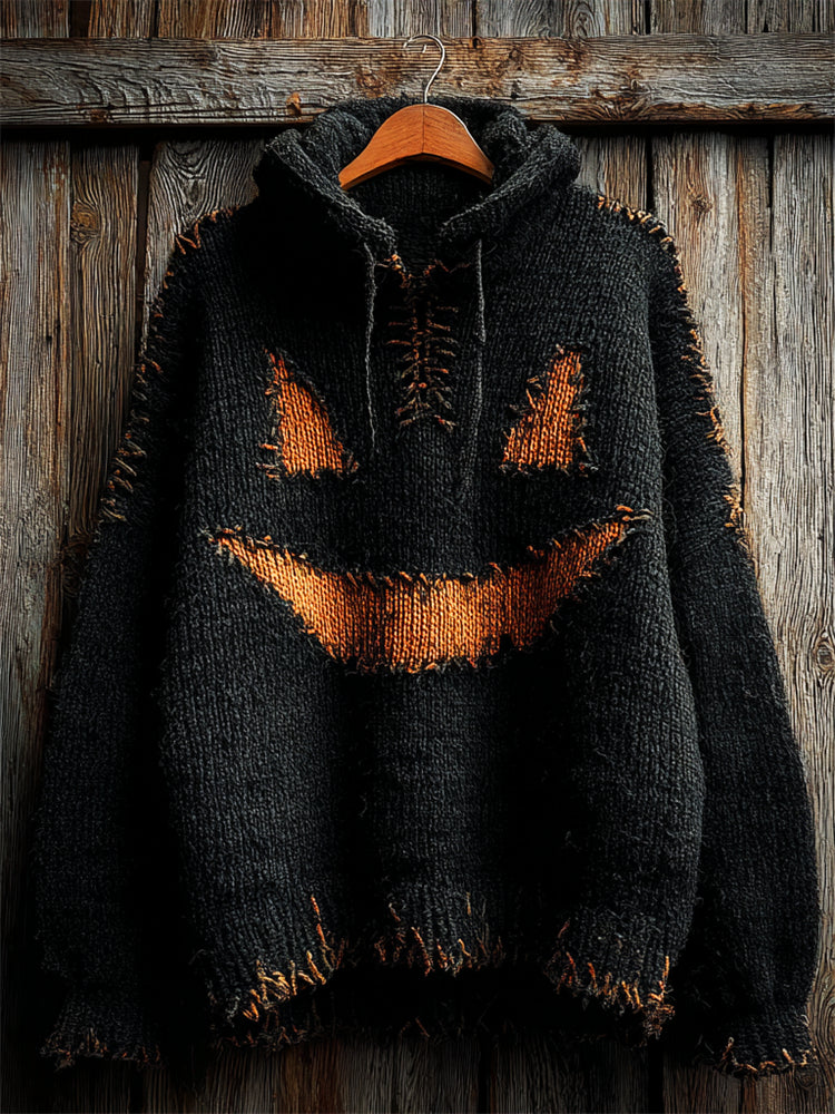 Halloween Pumpkin Face Stitched Cozy Knit Hooded Sweater elevenforest