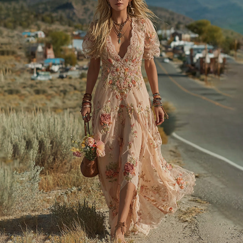Women's Casual Retro Bohemian Embroidered Floral Print Dress artswardrobe