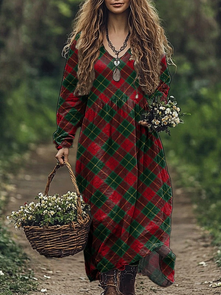 Women's Retro Christmas Plaid Pattern Printed Pocket Dress