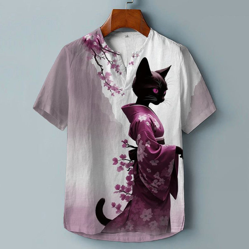 Elegant Sakura Kimono Cat Japanese Lino Art Linen Blend Shirt elevenforest