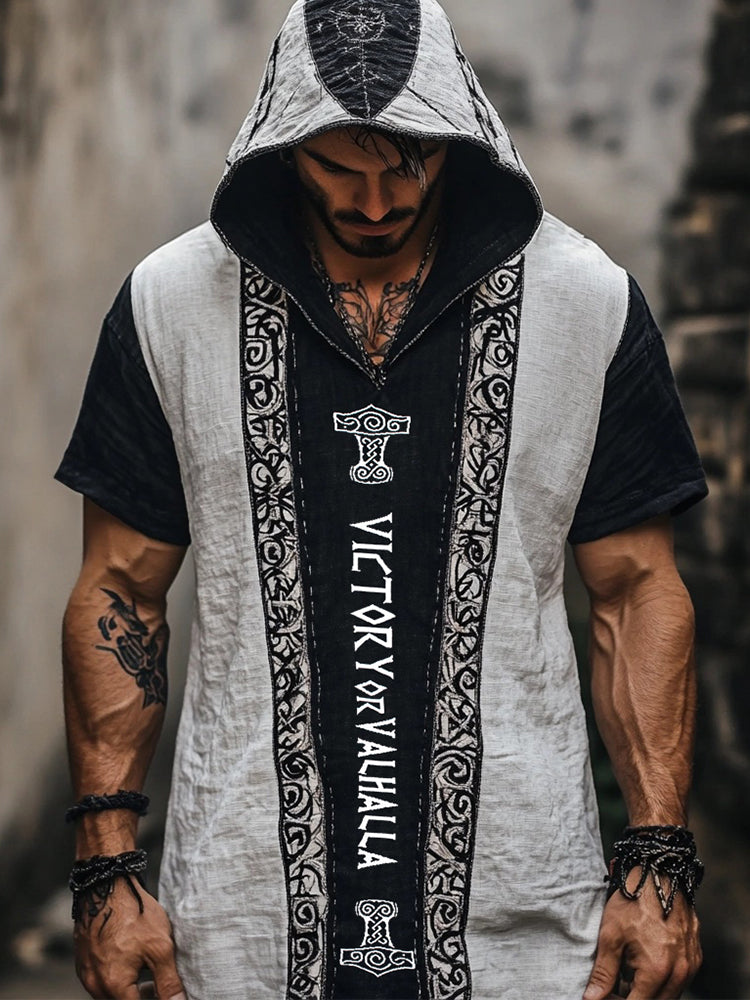 Men's Viking Victory Or Valhalla Linen Hooded T Shirt artswardrobe
