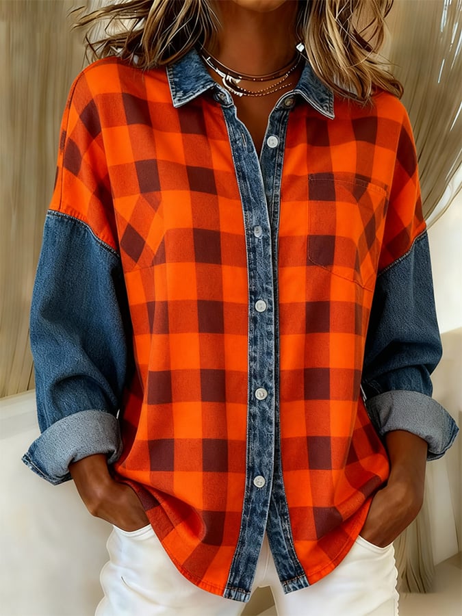Women's Casual Lapel Plaid Splicing Shirt
