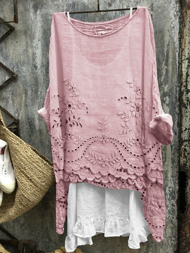 Comstylish Cottage Floral Embroidered Lace Hem Linen Blend Tunic