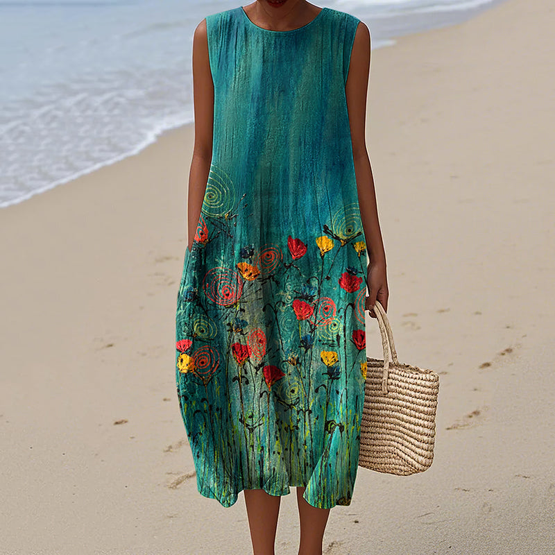 Women's Vintage Floral Art Pattern Print Sleeveless Cotton Wrap Dress artswardrobe